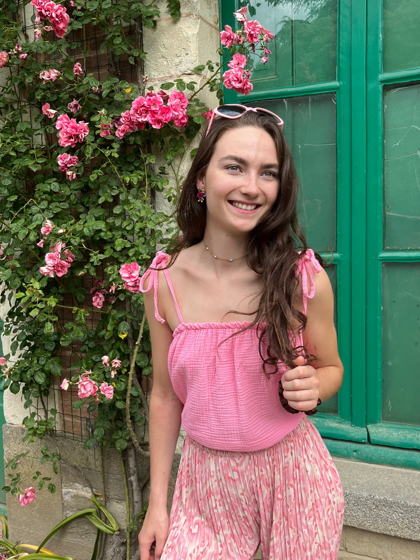 Top rose en gaze de coton , bretelles ajustables et tissus extensible
